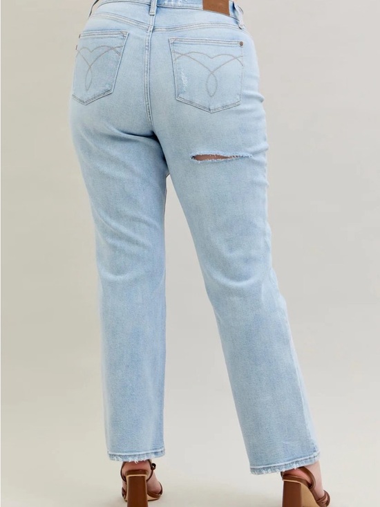 Judy Blue Denim - Judy Blue Light Blue Straight Leg Jeans with Knee Distress